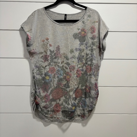Edista Los Angelas t-shirt with mesh floral print overlay grey underneath size L - Picture 1 of 11